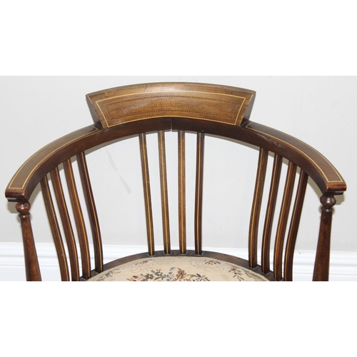 122 - An Edwardian Sheraton Revival mahogany tub chair with tapestry seat and inlaid details, approx 56cm ... 