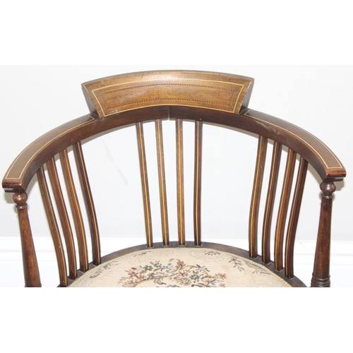 122 - An Edwardian Sheraton Revival mahogany tub chair with tapestry seat and inlaid details, approx 56cm ... 