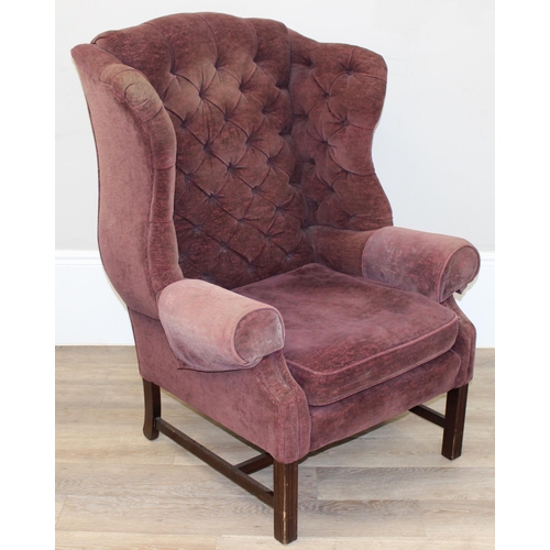 116 - A Georgian style wingback armchair with burgundy coloured button upholstery, approx 83cm wide x 115c... 