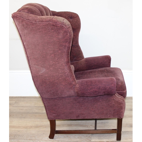 116 - A Georgian style wingback armchair with burgundy coloured button upholstery, approx 83cm wide x 115c... 