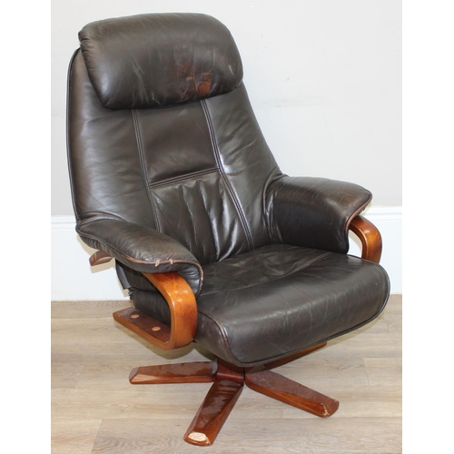 3 - An Ekornes style retro brown leather reclining armchair with wooden base by Global Furniture Allianc... 