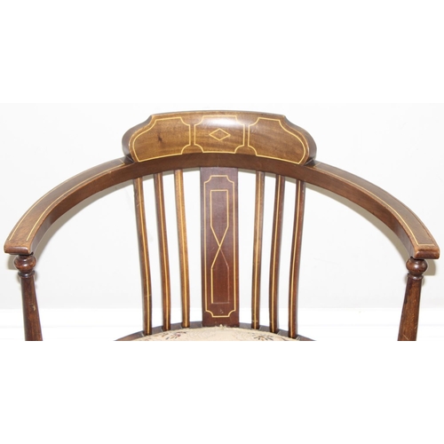 121 - An Edwardian Sheraton Revival mahogany tub chair with tapestry seat and inlaid details, approx 56cm ... 