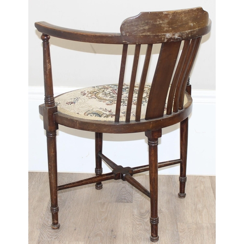 121 - An Edwardian Sheraton Revival mahogany tub chair with tapestry seat and inlaid details, approx 56cm ... 