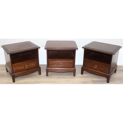 132 - A set of 3 retro Stag bedside cabinets or stands with a single drawer, each approx 52cm wide x 47cm ... 