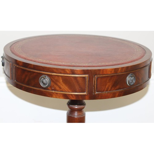 92 - An antique style mahogany drum table with 3 drawers and 3 faux drawers, red gilt tooled inset leathe... 