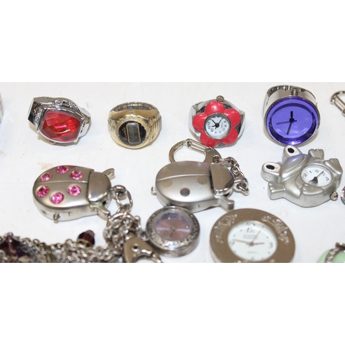 1355 - Qty of assorted miniature clocks, novelty pendant watches and ring watches etc