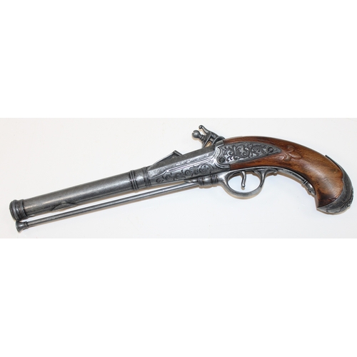 1404 - Replica weapons: Double-barelled London flintlock pistol, French long flintlock pistol and a Hadley ... 