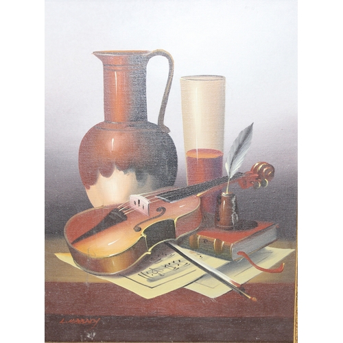 357 - A vintage still life oil on canvas depicting musical instruments and drinking vessels, signed indist... 