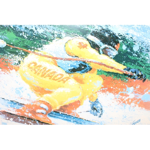 358 - A vintage Calgary 1988 Winter Olympics poster or print after Ken Wesman depicting a downhill skier, ... 