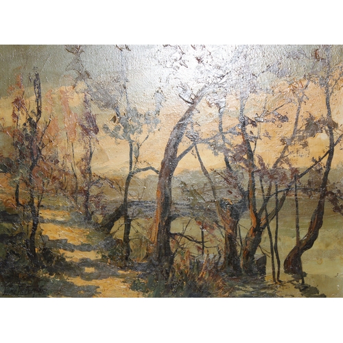 360 - Lutèce Pierrepont (XIX-XX), an early 20th century impressionist style oil on canvas of trees by a ri... 