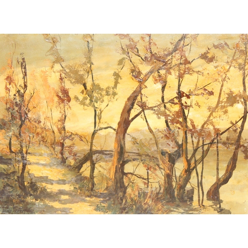 360 - Lutèce Pierrepont (XIX-XX), an early 20th century impressionist style oil on canvas of trees by a ri... 