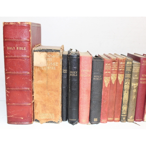 535 - Qty of assorted antique and later leather bound books to inc 19th century bibles, Petit Larousse etc