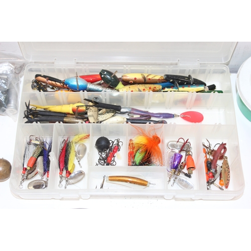 701 - Mix of fishing equipment to incl flies, weights etc and shotgun turnover tools