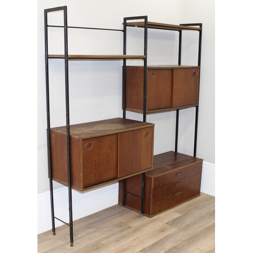 10 - A retro modular Ladderax style shelving unit by Avalon, comprising of 3 cupboards, a 3 drawer chest ... 