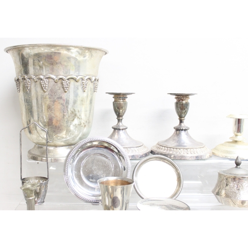 1036 - Qty of assorted silver-plated items and other metalware to incl an ice bucket, candlesticks etc, app... 