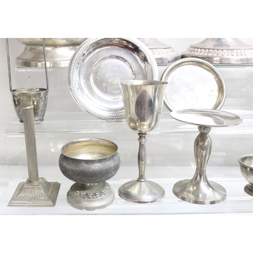 1036 - Qty of assorted silver-plated items and other metalware to incl an ice bucket, candlesticks etc, app... 