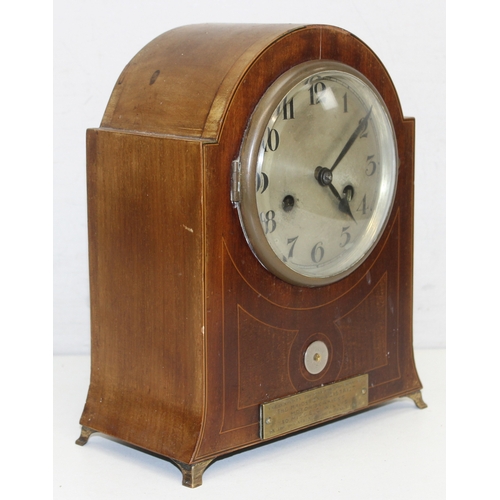 1353 - Vintage Art Deco style mechanical dome-topped wooden cased mantel clock with inlaid details, missing... 