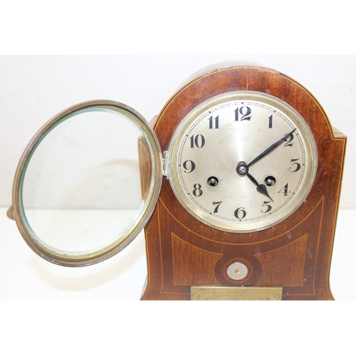 1353 - Vintage Art Deco style mechanical dome-topped wooden cased mantel clock with inlaid details, missing... 