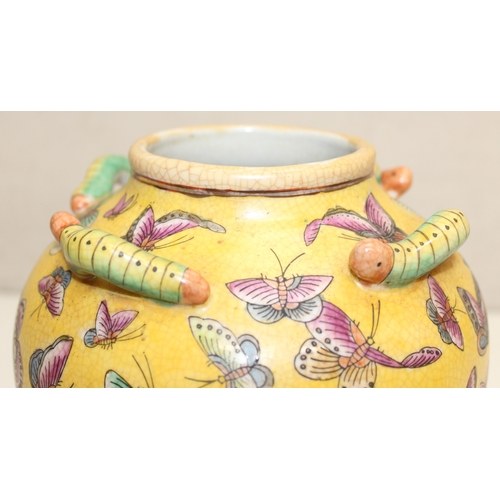 1461 - Vintage Chinese vase of yellow crackle-glaze ground, decorated with butterflies and raised caterpill... 