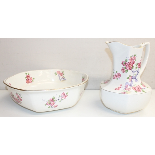 1602 - Mixed lot to incl vintage ceramic washstand set decorated with pink flowers and gilt edging, wooden ... 