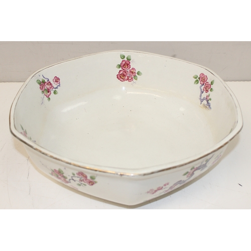 1602 - Mixed lot to incl vintage ceramic washstand set decorated with pink flowers and gilt edging, wooden ... 