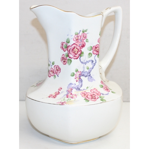 1602 - Mixed lot to incl vintage ceramic washstand set decorated with pink flowers and gilt edging, wooden ... 