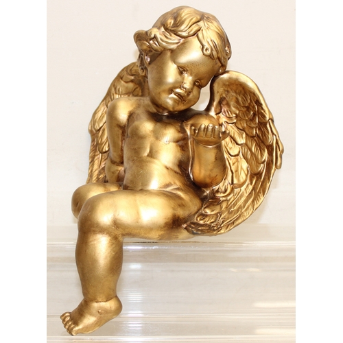 1604 - 3 gilt-ceramic cherubs, to incl a pair of wall brackets, largest approx 30cm tall