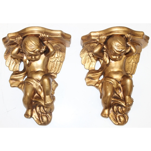 1604 - 3 gilt-ceramic cherubs, to incl a pair of wall brackets, largest approx 30cm tall