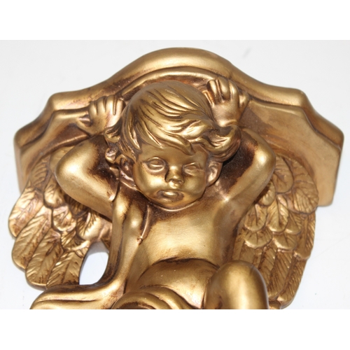 1604 - 3 gilt-ceramic cherubs, to incl a pair of wall brackets, largest approx 30cm tall