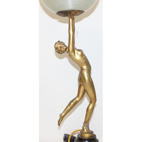 231 - An Art Deco period gilt spelter lamp formed as a semi-nude female on marble base, later Art Deco sty... 