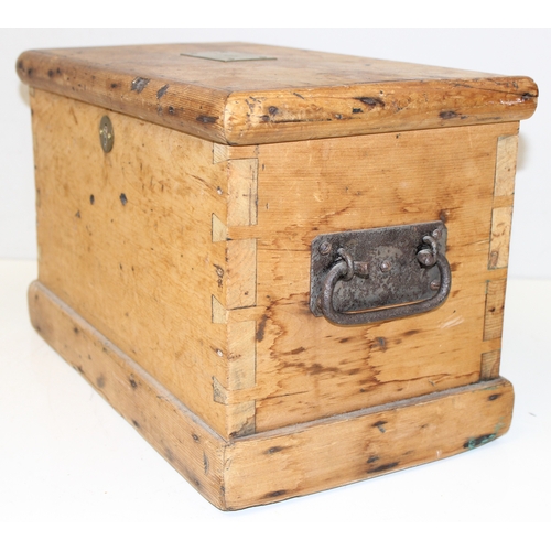 273 - Small Victorian pine trunk/box, with dove-tail joints and ironwork handles, approx 44cm x 24cm x 28c... 