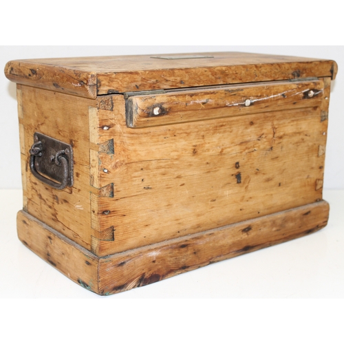 273 - Small Victorian pine trunk/box, with dove-tail joints and ironwork handles, approx 44cm x 24cm x 28c... 