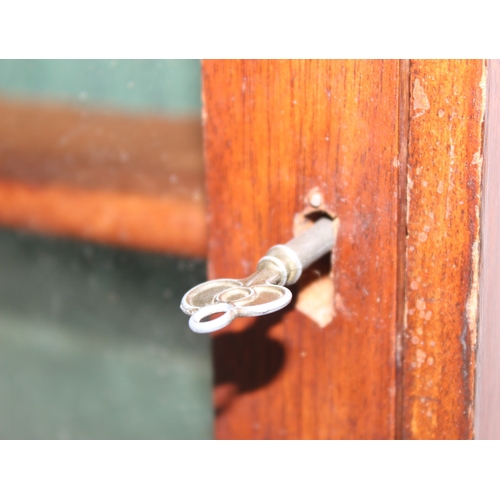 275 - Vintage table top/wall-mountable glazed wooden cabinet, with dove-tail joints and key, would make an... 