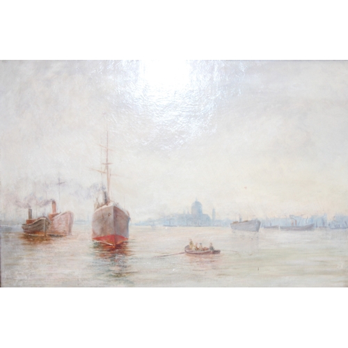 364 - An antique oil on canvas depicting boats with a distant cityscape, seemingly unsigned, the reverse o... 