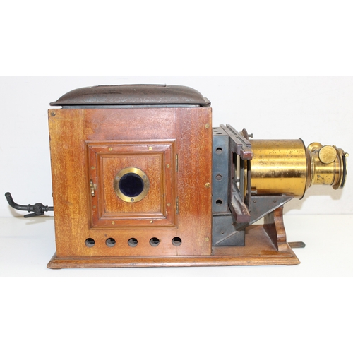 707 - Antique gas-powered magic lantern, selection of slides in wooden carry case/box,  and a box of blank... 