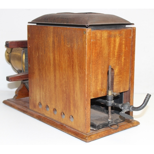 707 - Antique gas-powered magic lantern, selection of slides in wooden carry case/box,  and a box of blank... 