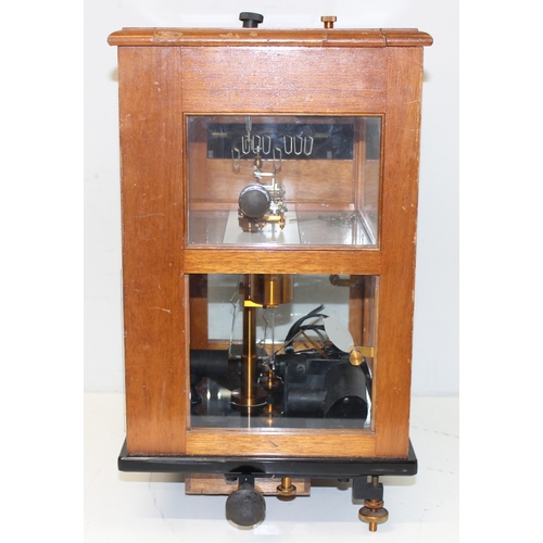 712 - Vintage Oertling scientific balance scales in glazed wooden case, approx 36cm x 27cm x 48cm