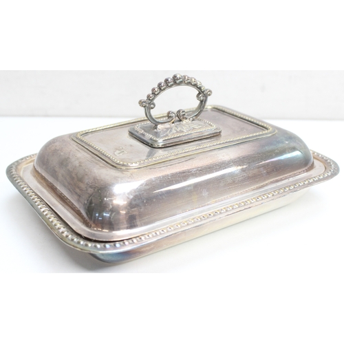 1041 - Assorted silver-plated entrée or serving dishes, some with lids, mainly antique examples, approx 6.5... 