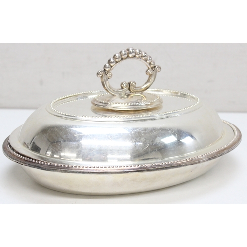 1041 - Assorted silver-plated entrée or serving dishes, some with lids, mainly antique examples, approx 6.5... 