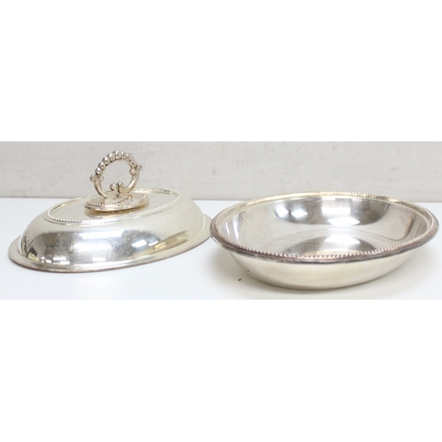 1041 - Assorted silver-plated entrée or serving dishes, some with lids, mainly antique examples, approx 6.5... 