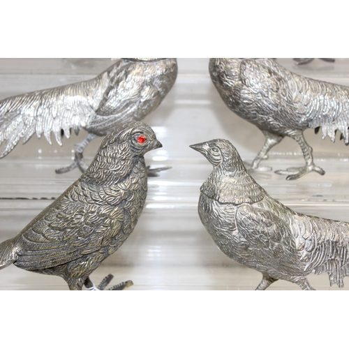 1046 - 6 vintage silver-plated pheasant figurine ornaments, one with red eyes, 31cm