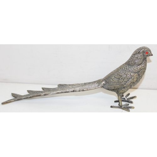 1046 - 6 vintage silver-plated pheasant figurine ornaments, one with red eyes, 31cm