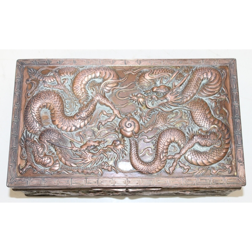 1047 - An Oriental silver plated or antimony jewellery casket decorated with dragons, unusual large size, a... 