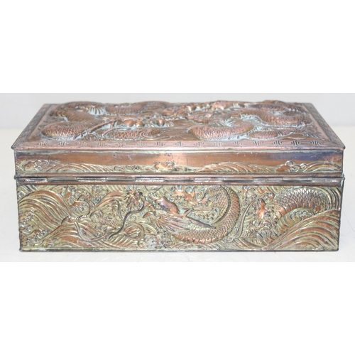 1047 - An Oriental silver plated or antimony jewellery casket decorated with dragons, unusual large size, a... 