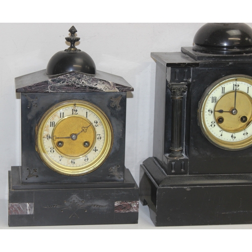 1351 - 3 antique slate-cased  mantel clocks with mechanical movements, all with pendulums, one with key, ta... 