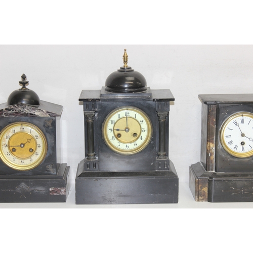 1351 - 3 antique slate-cased  mantel clocks with mechanical movements, all with pendulums, one with key, ta... 