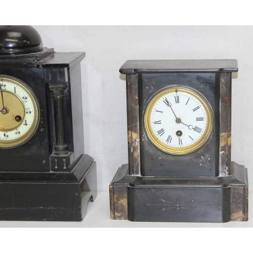 1351 - 3 antique slate-cased  mantel clocks with mechanical movements, all with pendulums, one with key, ta... 