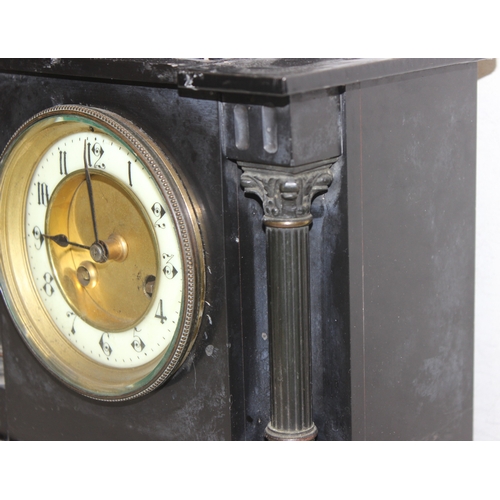 1351 - 3 antique slate-cased  mantel clocks with mechanical movements, all with pendulums, one with key, ta... 