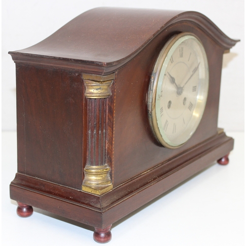 1362 - Vintage French made wooden cased mechanical mantel clock with column decoration, approx 33cm x 12cm ... 