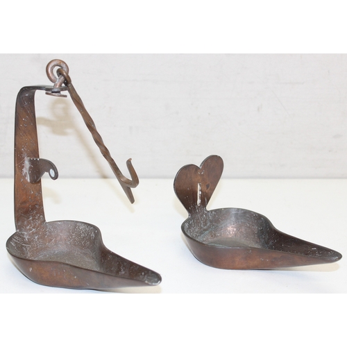 1454 - An unusual antique double cruise lamp of copper construction, possibly Scottish in origin, double le... 